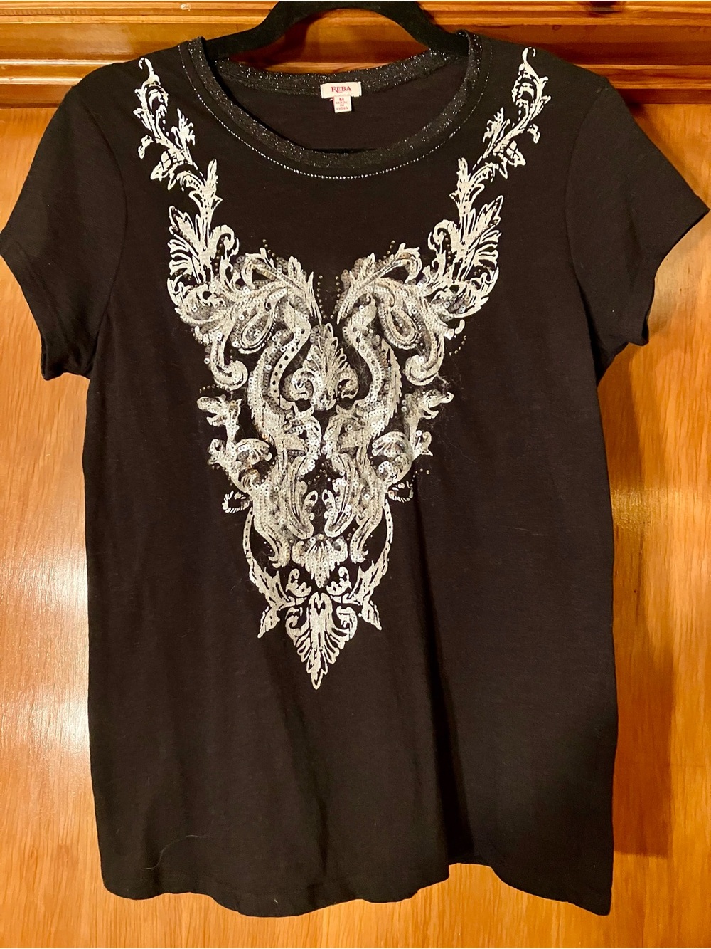 Black and Silver Ornate Sequin Embellished Baroque Graphic T-Shirt